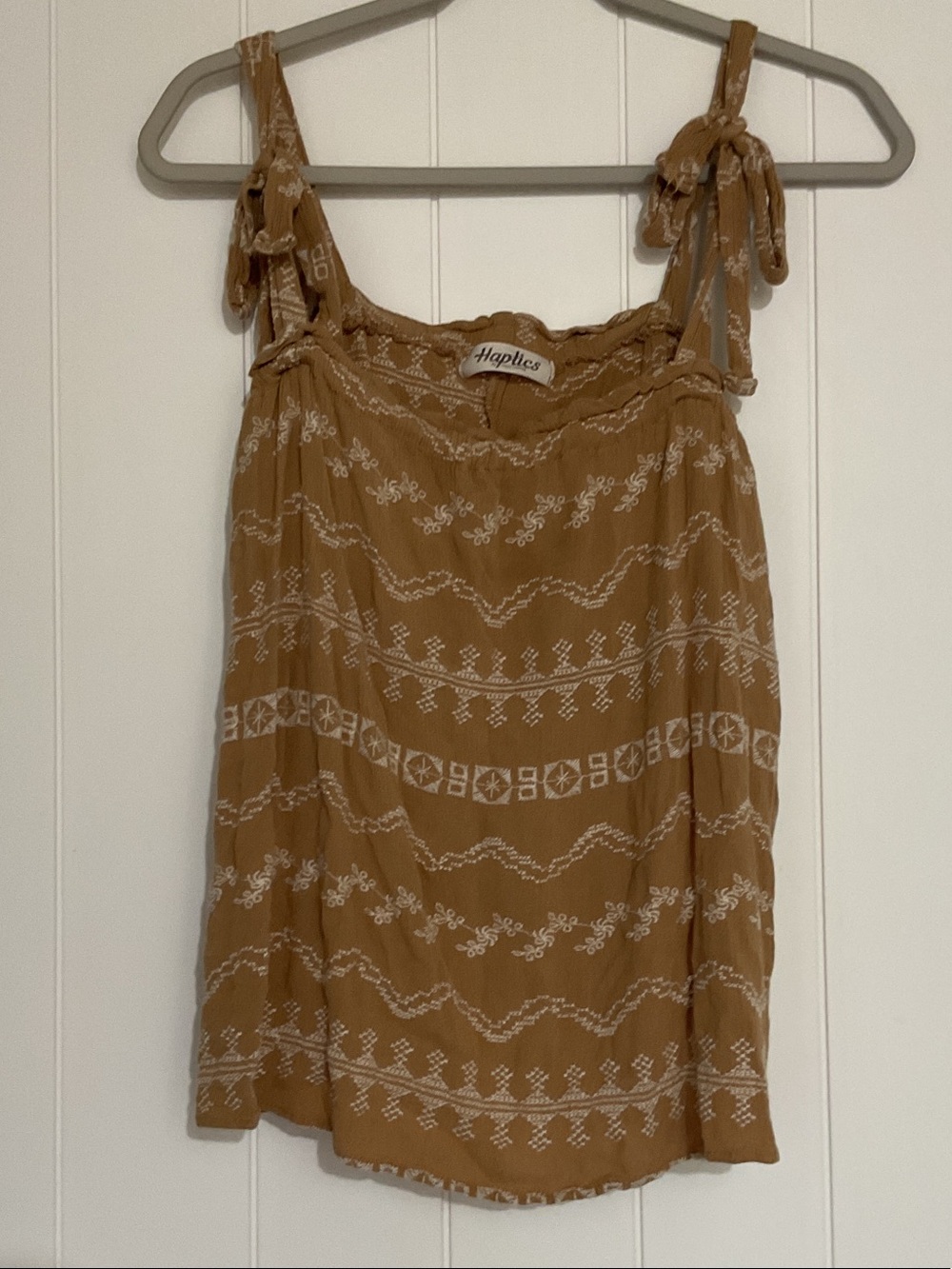 Haptics Women's Tan Embroidered Tie-Shoulder Tank Top
